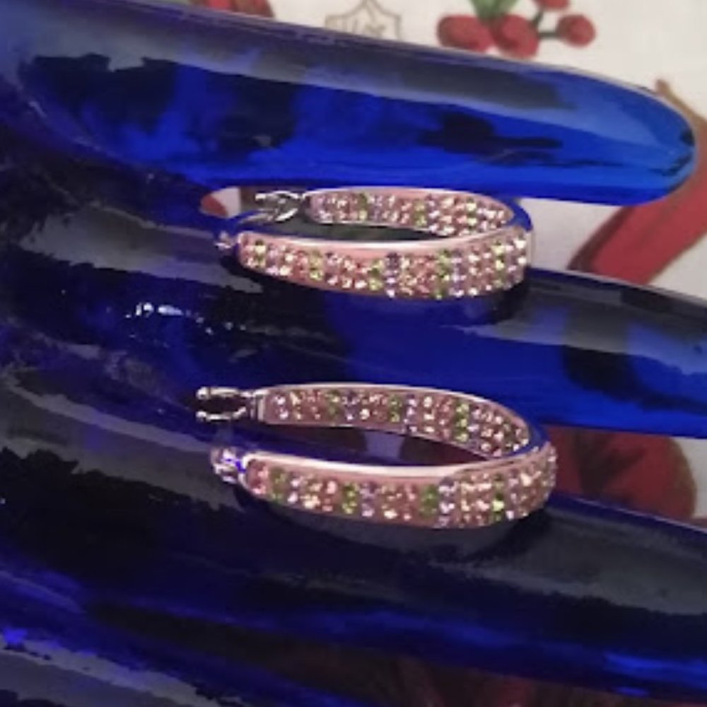 Pink Silvertone Crystal Hoops